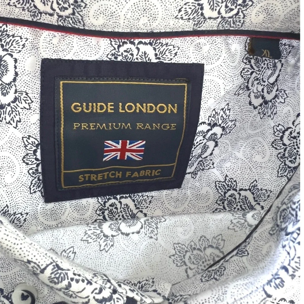 Guide London Mens XL Blue Floral Damask‎ Stretch Long Sleeve Button Down Shirt